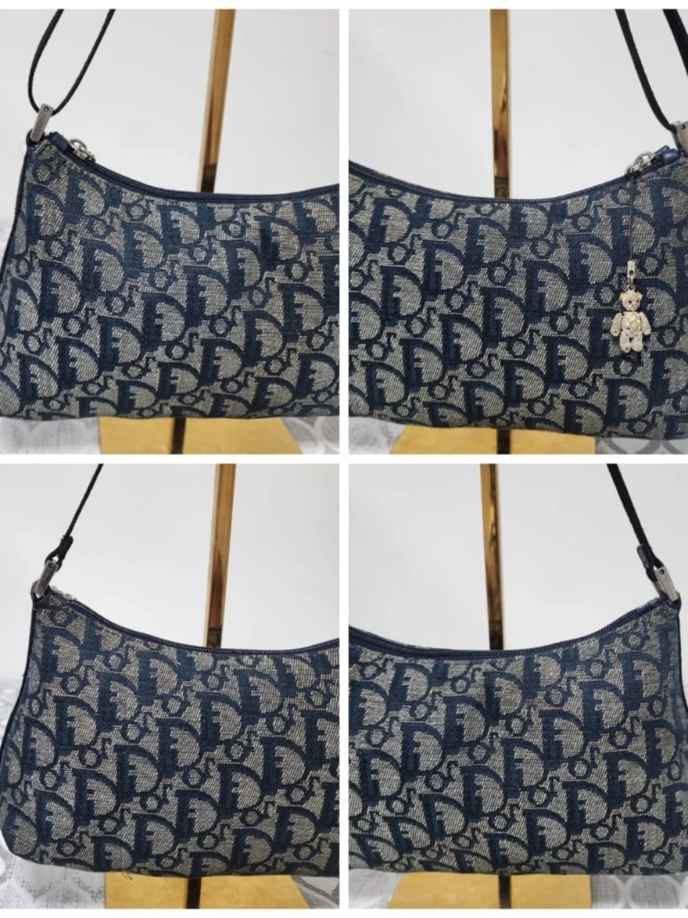 Authentic CHRISTIAN DIOR Denim Logo Pochette Bag Black/Beige